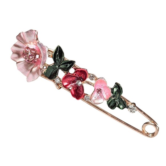 Vintage Style Enamel Floral Safety Pin Brooch – Pink & Red Flowers with... - Picture 2 of 4
